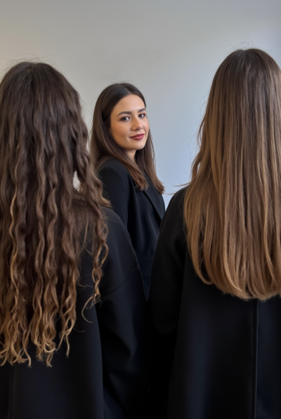 Alina Kalinichenko standing in the background with two clients in black salon gowns in her Ryde salon